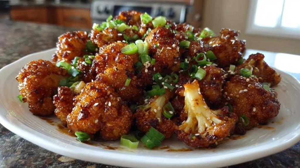 Sticky honey garlic cauliflower dish served on a plate