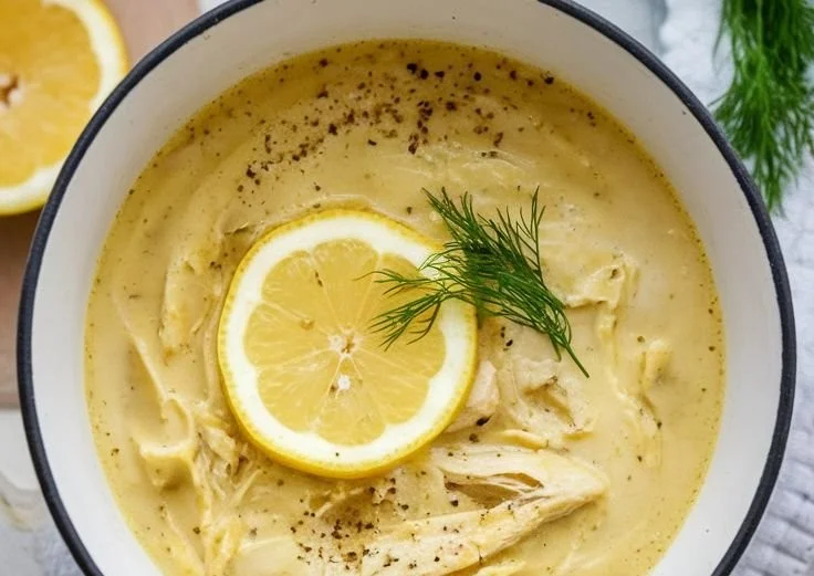 Bowl of Avgolemono soup, a traditional Greek lemon chicken dish, garnished with herbs.