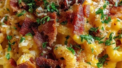 Creamy Bacon Mac and Cheese topped with crispy bacon in a cheesy sauce