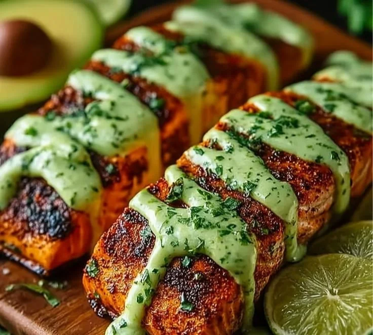 Baked Cajun Salmon garnished with creamy avocado lime sauce