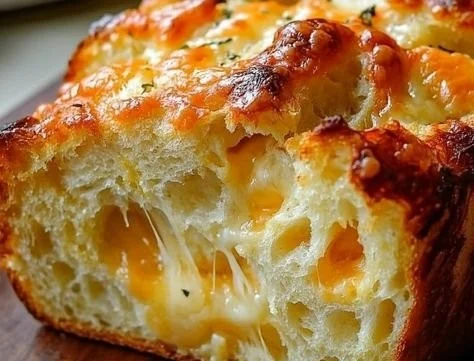 Freshly baked cheesy bread with gooey cheese melted on top