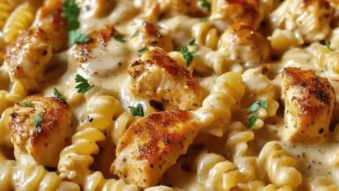 Cheesy Cajun Garlic Chicken Rotini Skillet served in a pan with herbs.