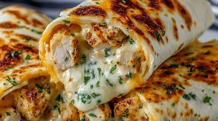 Cheesy garlic chicken wraps served with fresh ingredients