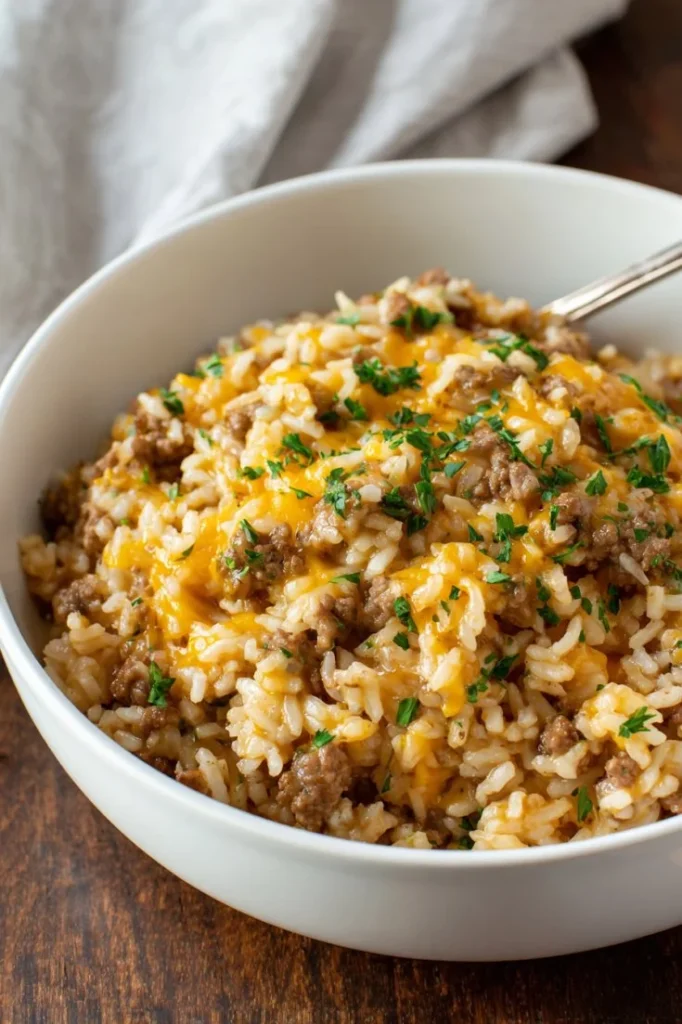 Cheesy Ground Beef and Rice Casserole served in a dish