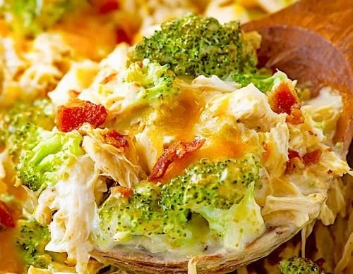 Delicious homemade chicken casserole served in a baking dish