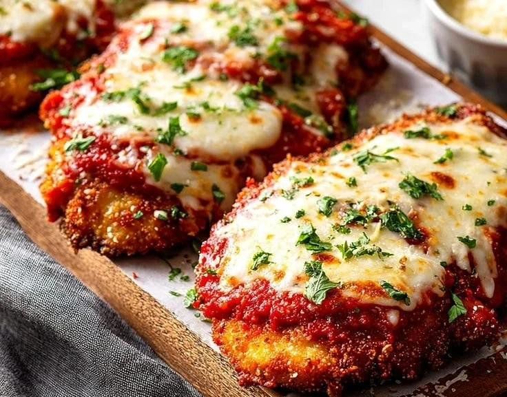 Delicious Chicken Parmesan with golden crust, marinara sauce, and melted cheese