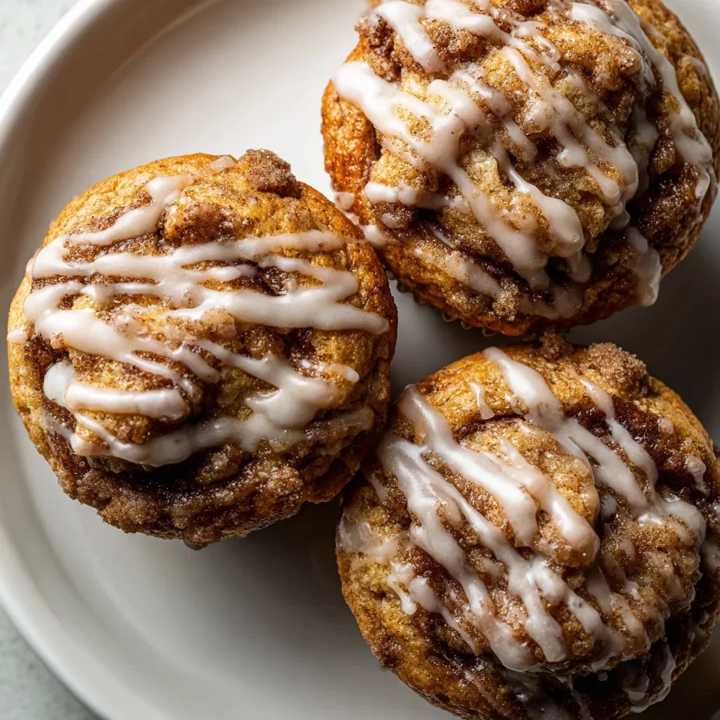 Freshly baked cinnamon roll muffins drizzled with icing.
