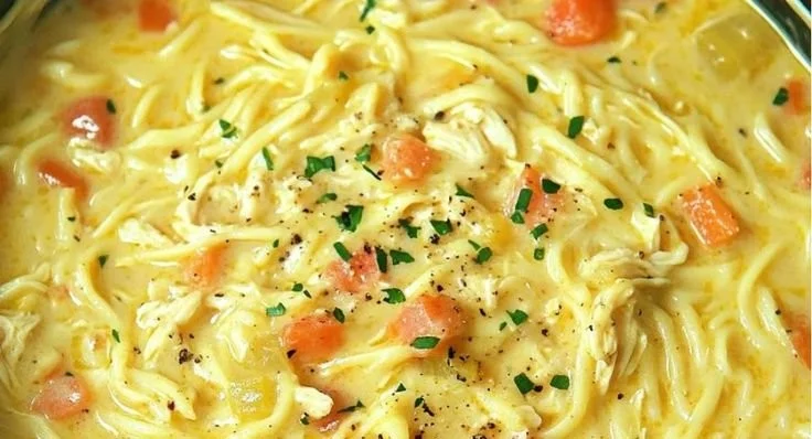 Bowl of Crack Chicken Noodle Soup with vegetables and herbs
