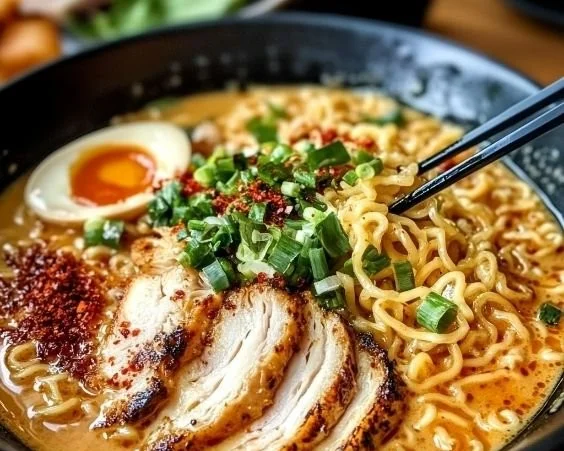 A delicious bowl of creamy garlic chicken ramen topped with green onions.