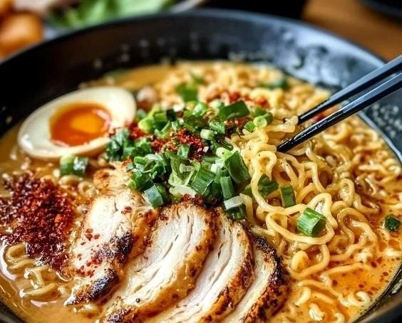 Creamy garlic chicken ramen served in a bowl with fresh herbs and noodles.