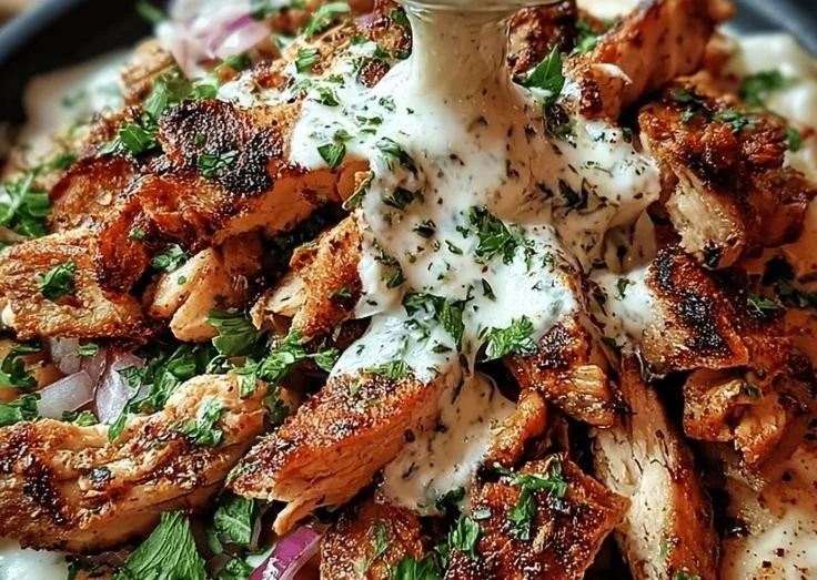 Creamy Garlic Chicken Shawarma served on a plate with fresh herbs and pita.