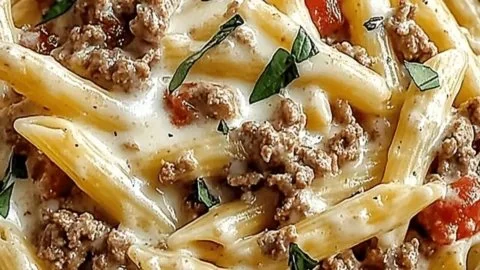 Creamy Rotel pasta with ground beef in a bowl, perfect for cozy dinners.