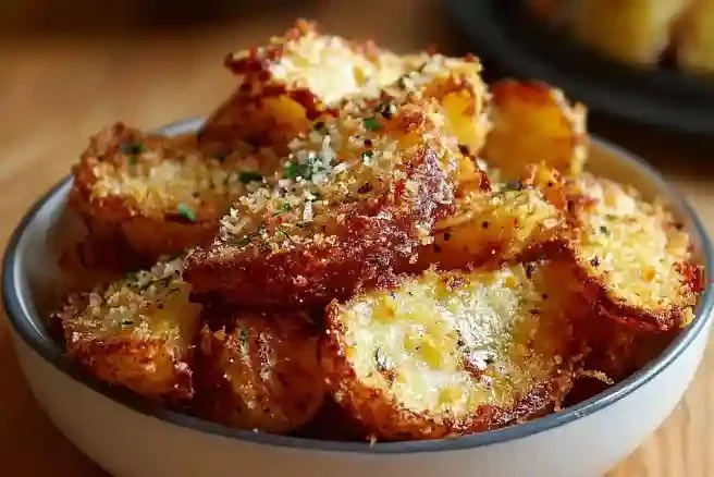 Crispy crunchy parmesan potatoes served on a plate