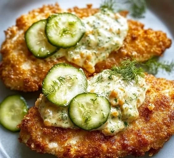 Crispy Dill Pickle Parmesan Chicken served on a white plate with herbs
