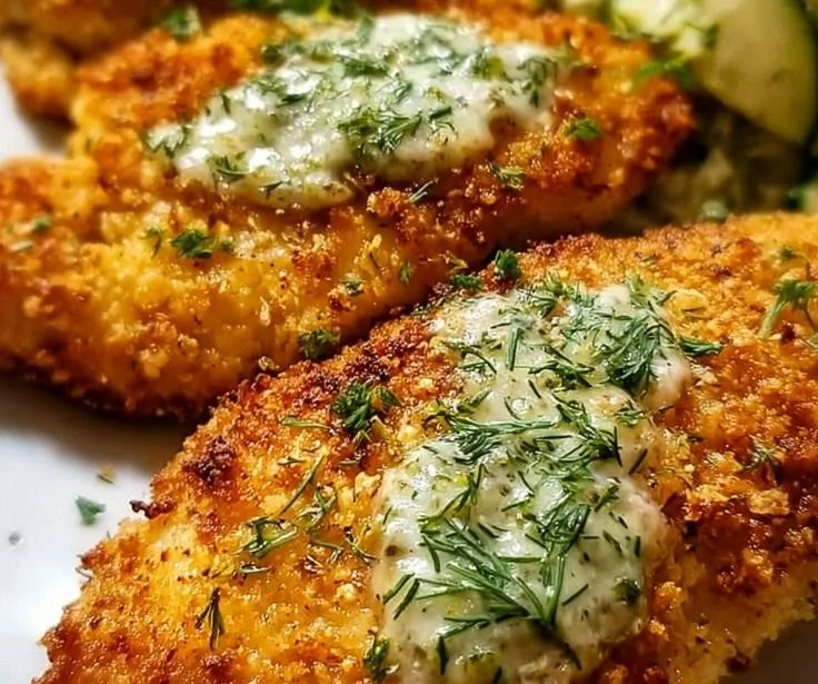 Crispy dill pickle parmesan chicken garnished with dill and served on a plate