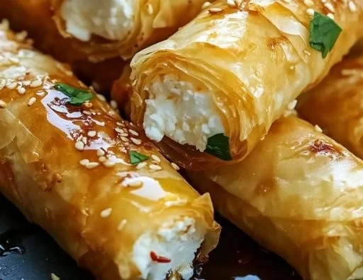 Delicious crispy feta rolls served with dipping sauce