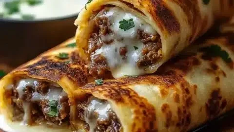Crispy French Dip Tortilla Roll Ups served with savory dipping sauce