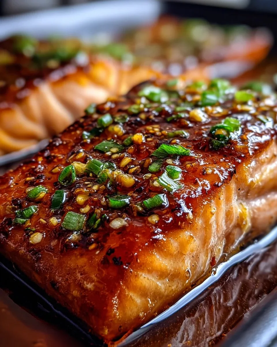 Crispy honey garlic glazed salmon on a plate with vibrant veggies