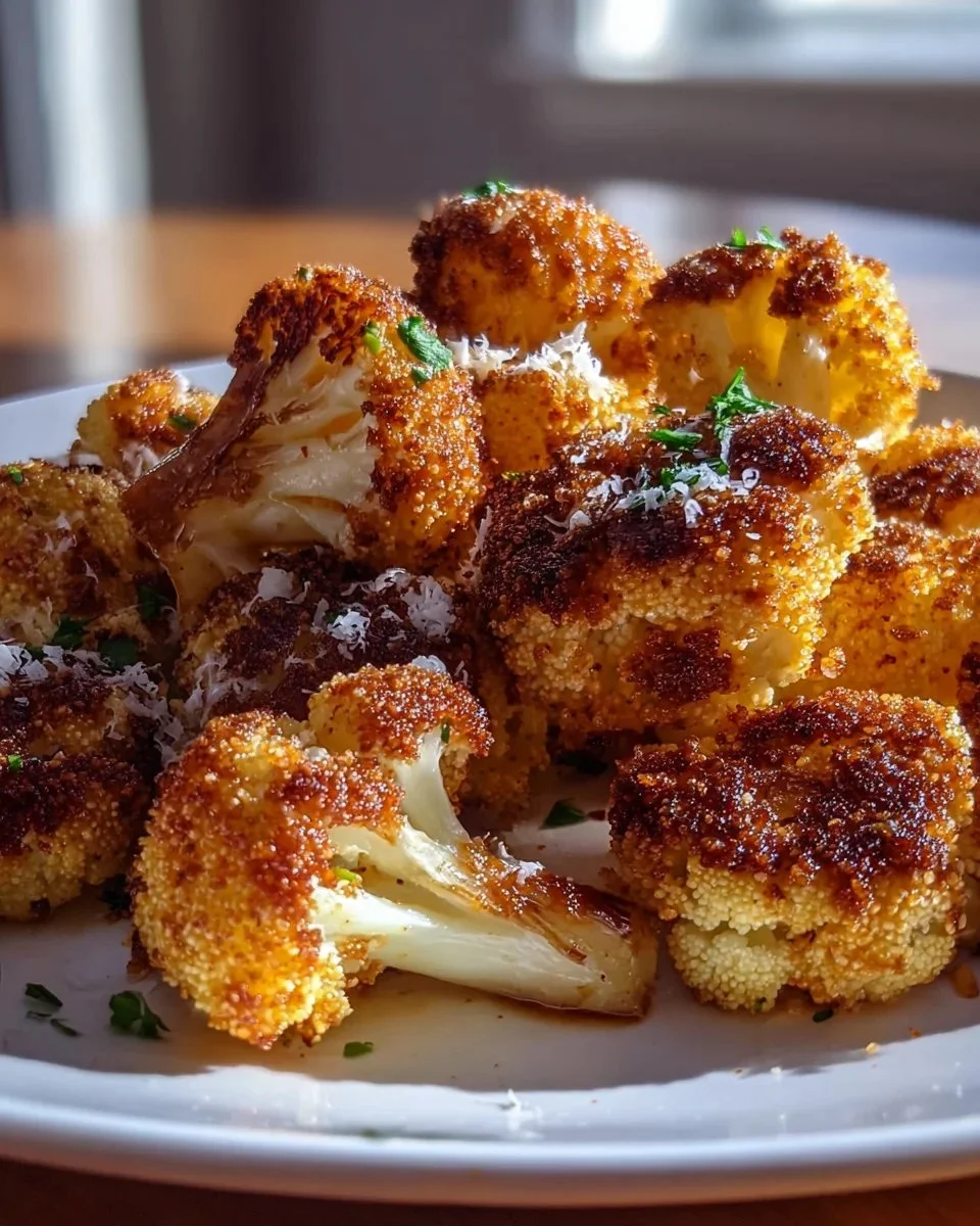 Crispy roasted cauliflower served on a plate with herbs and spices