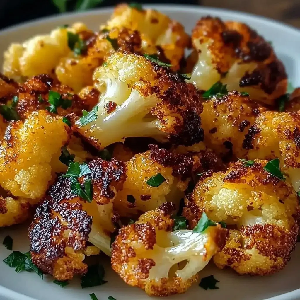 Bowl of crispy roasted cauliflower, garnished and ready to serve.