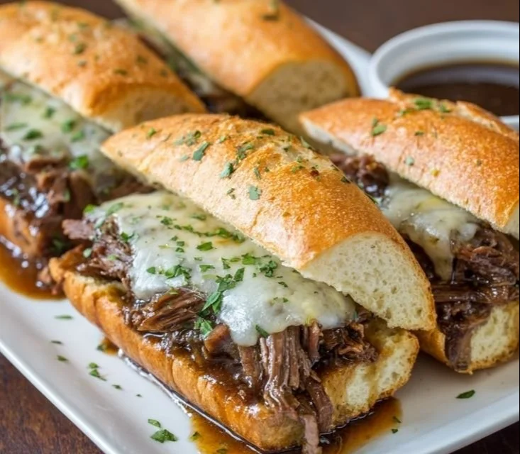 Crockpot French Dip Sandwiches with juicy beef and au jus sauce