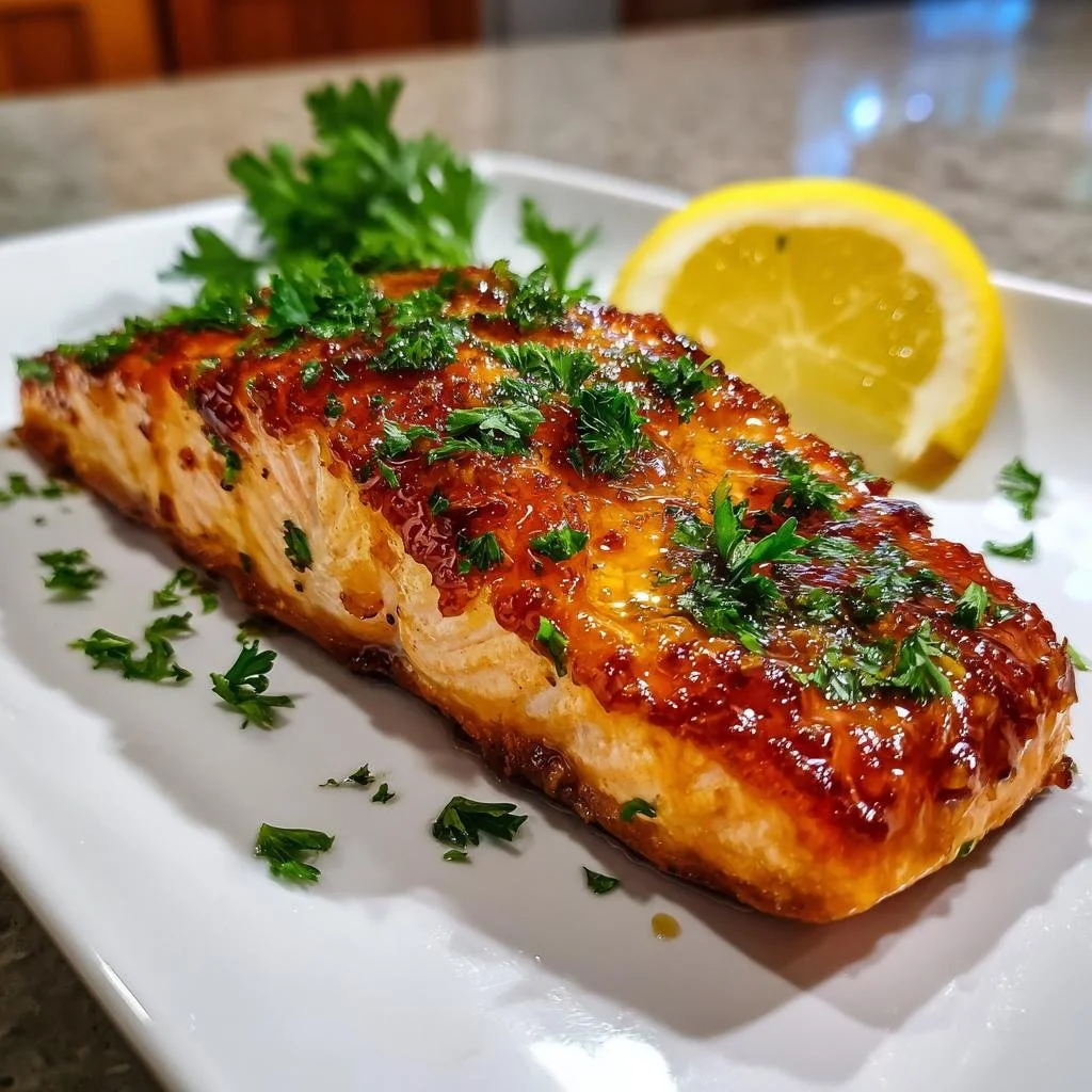 Baked honey garlic butter salmon garnished with herbs on a plate