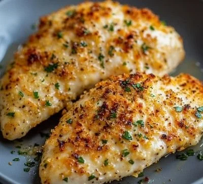 Air fryer garlic parmesan crusted chicken served on a plate