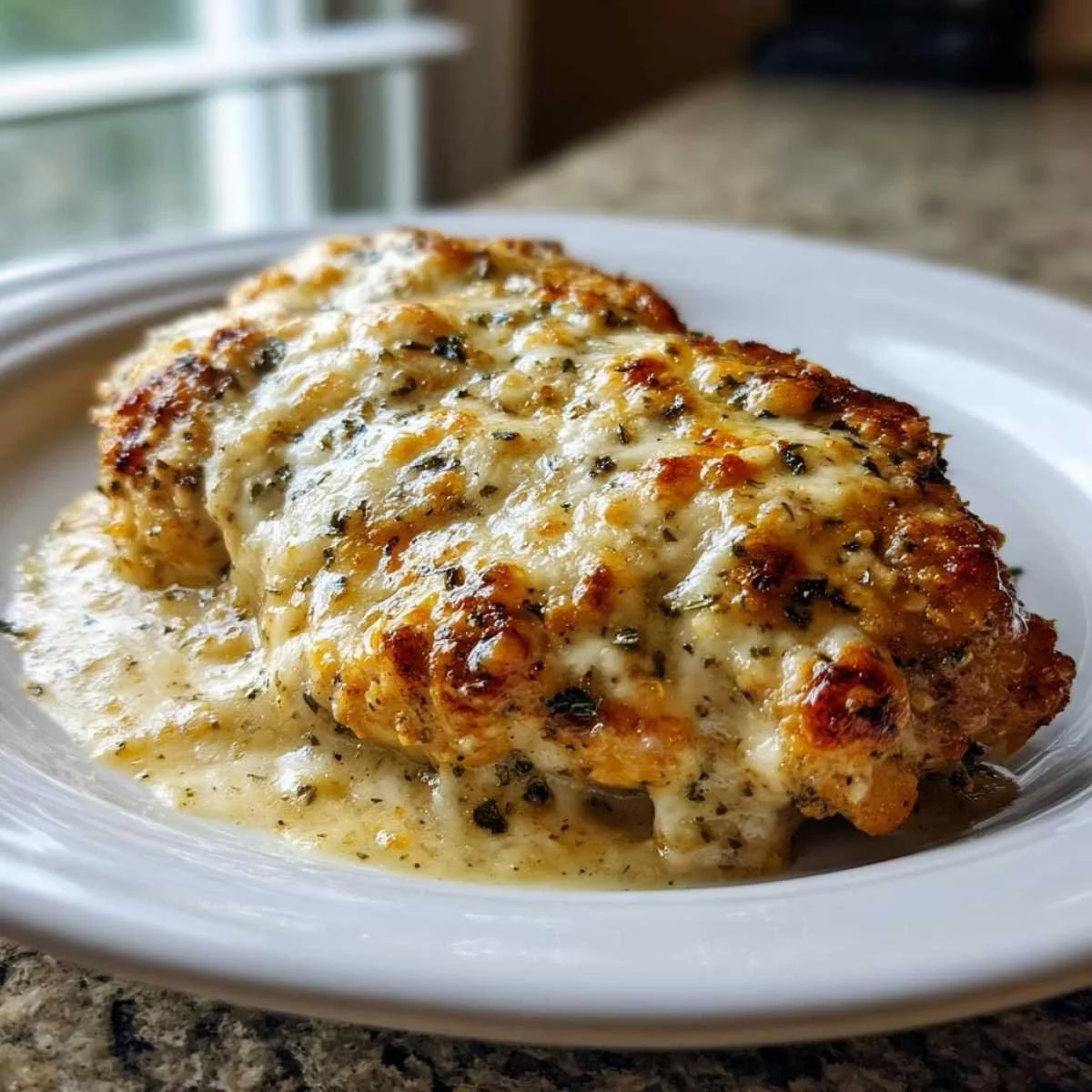 Easy Garlic Parmesan Chicken Bake with crispy garlic and parmesan crust