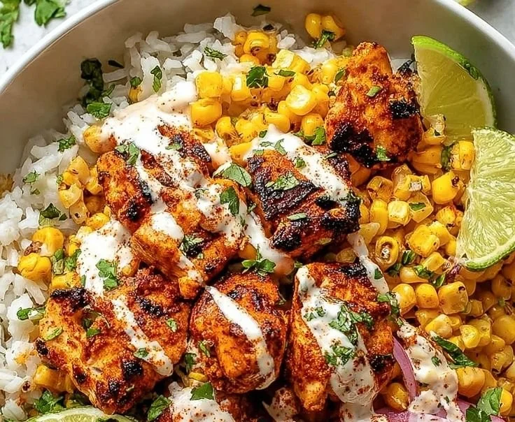 Easy Street Corn Chicken Bowl with grilled chicken and street corn toppings