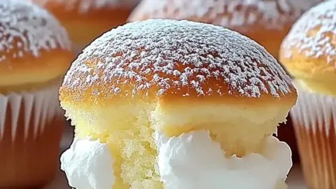 Fluffy Japanese Cotton Cheesecake Cupcakes topped with fresh cream and berries.