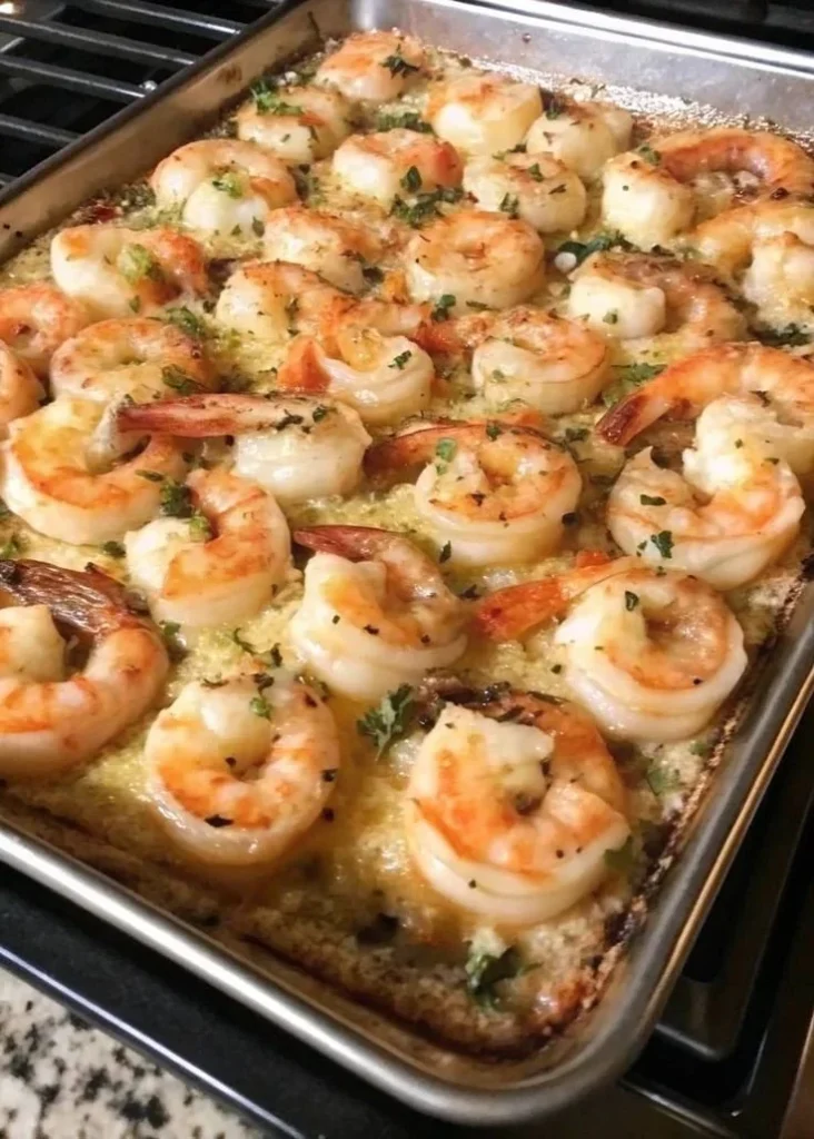 Delicious Garlic Parmesan Baked Shrimp on a plate garnished with herbs