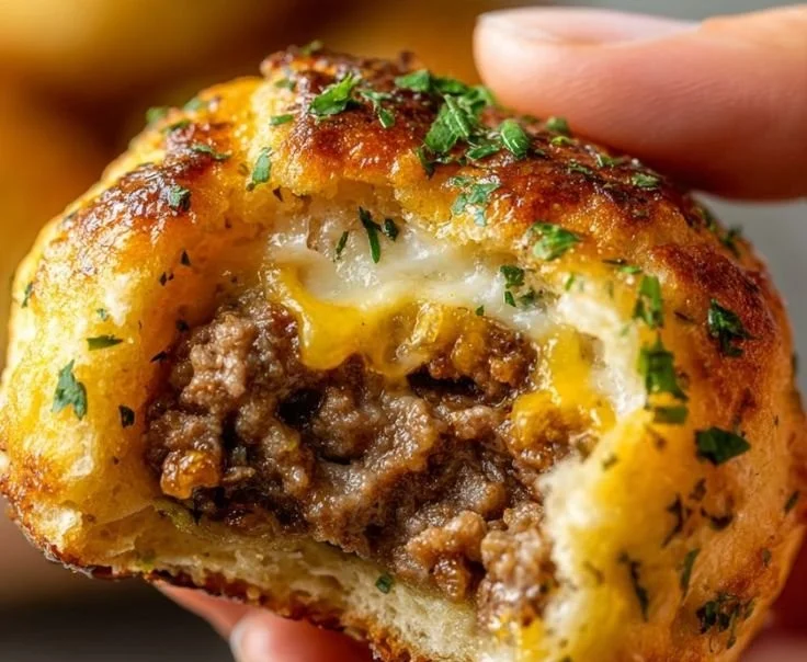 Garlic parmesan cheeseburger balls served on a plate, garnished elegantly.