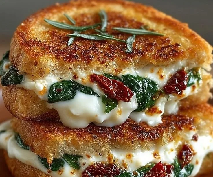 Gourmet grilled cheese sandwich with sun-dried tomatoes and spinach on a plate