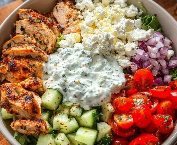 Delicious Greek Chicken Bowls with fresh vegetables and herbs