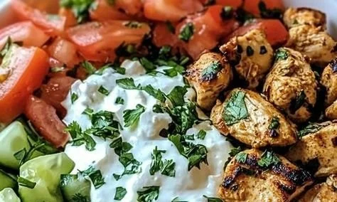 Greek Chicken Gyro Bowl with chicken, vegetables, and tzatziki sauce
