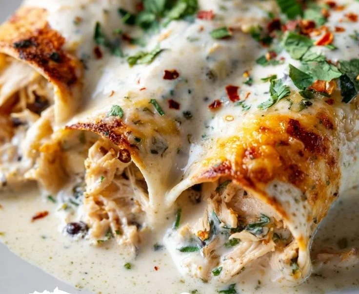 Delicious high protein chicken enchiladas topped with cheese and cilantro.