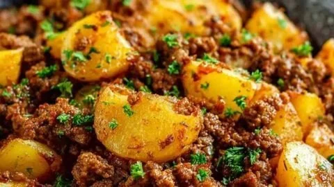 High-protein ground beef and potatoes dish garnished with fresh herbs