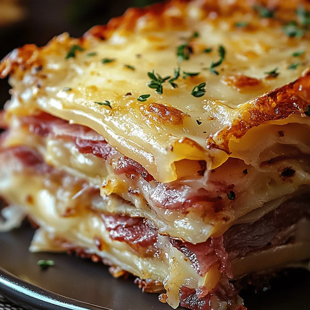 Delicious Homemade Reuben Bake with layers of corned beef, sauerkraut, and Swiss cheese
