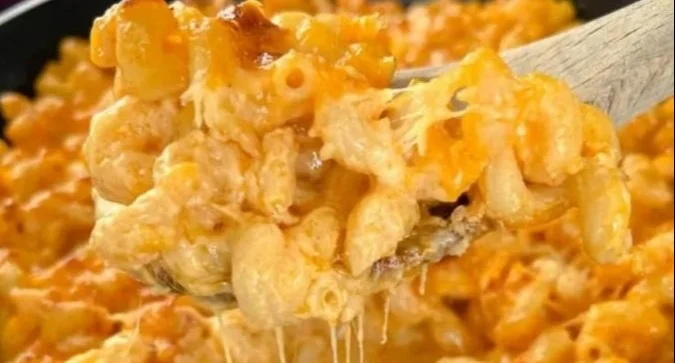 Delicious homemade Traeger smoked mac and cheese in a creamy cheese sauce