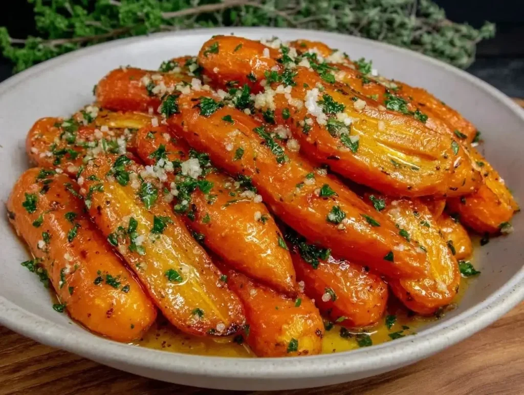 Honey garlic butter roasted carrots on a festive holiday table