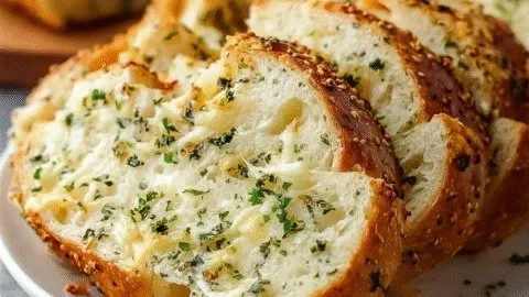Freshly baked Italian Herb and Cheese Bread with herbs and cheese topping