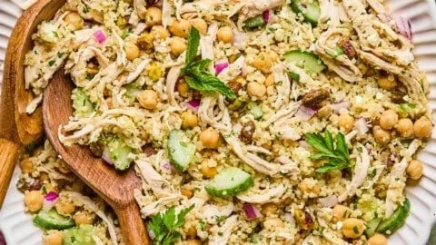 Jennifer Aniston high protein salad with fresh ingredients and vibrant colors.