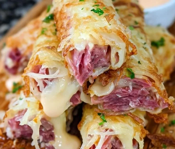 Plate of Keto Crispy Reuben Roll-Ups with sauerkraut and cheese