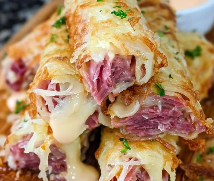 Plate of Keto Crispy Reuben Roll-Ups with sauerkraut and cheese.