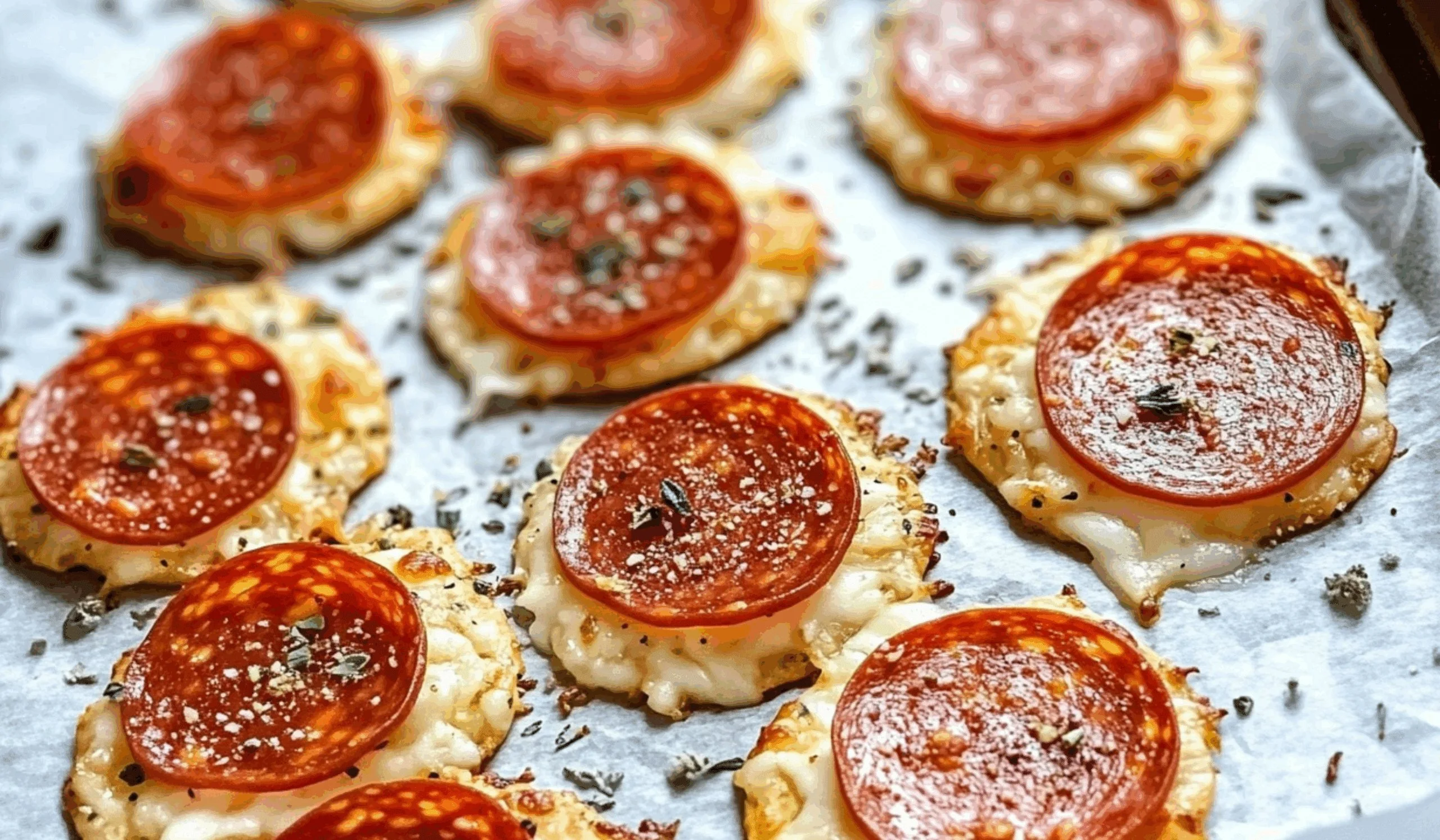 Crispy Keto Pizza Chips topped with cheese and herbs, perfect low-carb snack