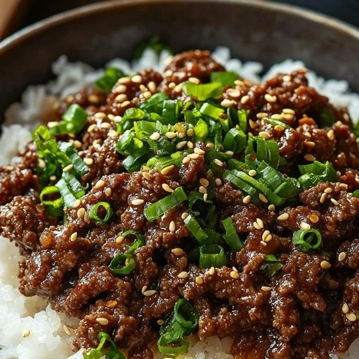 Delicious Korean Ground Beef Bowl garnished with vegetables