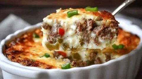 Delicious low carb Philly Cheesesteak Casserole topped with melted cheese