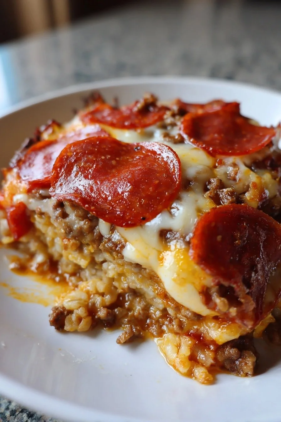 Low Carb Pizza Casserole baked with cheese, pepperoni, and veggies