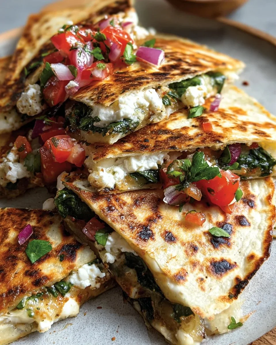 Mediterranean Quesadillas with spinach, feta, mozzarella, and red onion on a plate