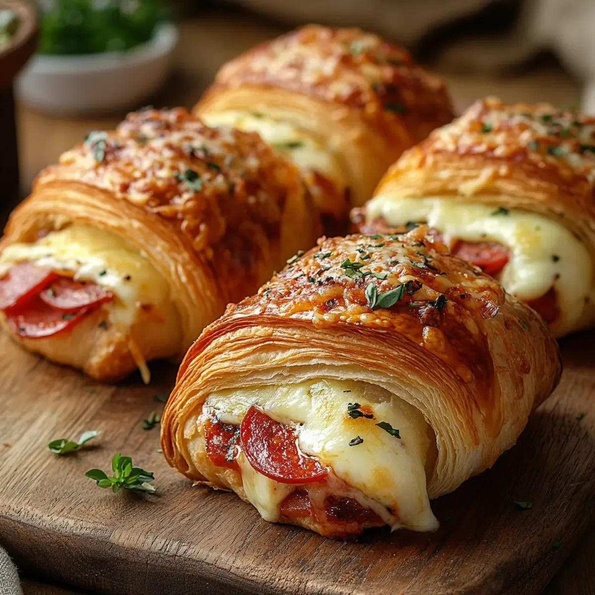 Golden Mozzarella Pepperoni Croissant Rolls fresh from the oven